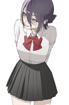 1girl black_skirt bow bowtie chainsaw_man collared_shirt green_eyes hair_between_eyes highres long_sleeves mahiru_mm open_mouth pleated_skirt purple_hair red_bow red_bowtie reze_(chainsaw_man) school_uniform shirt shirt_tucked_in simple_background skirt solo white_background