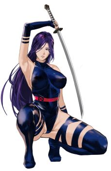 1girl arm_up armpits bare_shoulders blue_leotard blue_thighhighs breasts curvy elbow_gloves female_focus full_body gloves highleg highleg_leotard highres holding holding_sword holding_weapon j@ck katana large_breasts leotard long_hair looking_at_viewer marvel marvel_rivals parted_lips psylocke purple_eyes purple_hair revealing_clothes shiny_skin solo squatting sword thighhighs weapon white_background wide_hips x-men