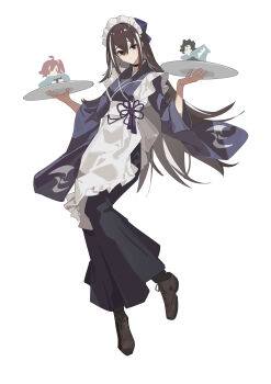 1girl absurdres apron black_hair black_skirt blue_kimono bow breasts brown_eyes character_doll doll fate/grand_order fate_(series) fujimaru_ritsuka_(female) fujimaru_ritsuka_(female)_(teal_uniform) fujimaru_ritsuka_(male) fujimaru_ritsuka_(male)_(teal_uniform) full_body hair_bow highres japanese_clothes kawakami_gensai_(fate) kawakami_gensai_(second_ascension)_(fate) kimono long_hair long_skirt long_sleeves looking_at_viewer maid_headdress medium_breasts moyao_(moyao27550711) multicolored_hair sidelocks skirt smile solo streaked_hair tray white_apron white_hair wide_sleeves