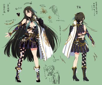 1girl armor armored_skirt asuka_(senran_kagura) asymmetrical_legwear bikini_armor black_bridal_gauntlets black_footwear black_hair blush boots breasts bridal_gauntlets butt_crack reference_sheet chibi chibi_inset cleavage concept_art detached_collar elbow_gloves emblem flower full_body gloves gold_hairband gorget green_background hair_ornament hairband hand_on_own_hip hanzou_academy_school_uniform high_heel_boots high_heels highres ikaruga_(senran_kagura) kagura_(senran_kagura) large_breasts lily_(flower) long_hair looking_at_viewer median_furrow midriff multiple_views mushroom_on_head navel notes official_alternate_costume official_art production_art red_eyes revealing_clothes senran_kagura senran_kagura_new_link shiny_skin side_cape simple_background single_leg_pantyhose smile smirk standing symbol-shaped_pupils translation_request turnaround variations very_long_hair white_flower yaegashi_nan