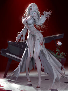 Rule 34 | 1girl, absurdres, bare legs, blood, blood on clothes, blood on ground, blood on mouth, bloodshot eyes, bloody clothes, bloody dress, breasts, cleavage, dress, full body, highres, instrument, large breasts, long hair, looking at viewer, open mouth, pale skin, panties, piano, resident evil, resident evil requiem, selena corey, shoes, single shoe, solo, standing, torn clothes, torn dress, underwear, wansai, white eyes, white hair, zombie