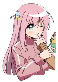 2girls biting biting_finger blue_eyes blush bocchi_the_rock! brown_sweater closed_mouth commentary_request crepe cropped_torso cube_hair_ornament food gotoh_hitori hair_between_eyes hair_ornament haru_(konomi_150) highres holding holding_food jacket kita_ikuyo long_hair long_sleeves multiple_girls one_eye_closed one_side_up out_of_frame pink_hair pink_jacket sidelocks simple_background solo_focus sweater track_jacket white_background