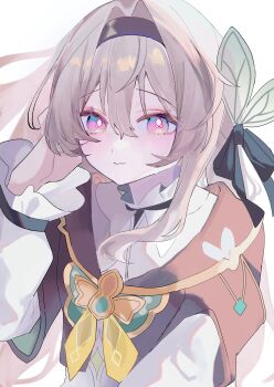 1girl black_hairband black_ribbon blush brown_jacket closed_mouth collared_shirt firefly_(honkai:_star_rail) frilled_sleeves frills gradient_eyes grey_hair hair_between_eyes hair_intakes hair_ornament hair_ribbon hairband highres honkai:_star_rail honkai_(series) jacket long_hair long_sleeves multicolored_eyes neckerchief niiro_229 orange_neckerchief ribbon shirt simple_background smile solo white_background white_shirt white_sleeves