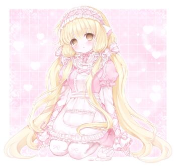 1girl apron arms_at_sides blonde_hair blunt_bangs border bow breasts checkered_background chii chobits cross-laced_hairband dress expressionless frilled_apron frilled_hairband frills full_body hair_bow hair_ribbon hairband highres humanoid_robot juliet_sleeves layered_sleeves long_hair long_sleeves looking_at_viewer low_twintails mipi_(u3u_00) pale_skin pantyhose parted_lips persocom pink_apron pink_background pink_bow pink_dress pink_hairband pink_ribbon puffy_sleeves ribbon robot robot_ears seiza sitting sleeves_past_wrists small_breasts solo straight_hair twintails very_long_hair waist_apron white_border white_pantyhose yellow_eyes