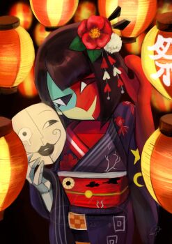 Rule 34 | 1girl, alternate costume, black eyes, black hair, blunt bangs, bob cut, colored skin, cubism, ena: dream bbq, ena (dream bbq), ena (series), ena (species), flower, hair flower, hair ornament, highres, holding, holding mask, japanese clothes, kimono, lantern, low poly, mask, multicolored skin, paper lantern, red skin, salesperson ena, smile, split-color skin, two-tone skin, unworn mask, usagimarumei