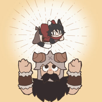 1boy 1girl beard body_fur cat_girl cropped_torso deformed derivative_work dungeon_meshi dwarf facial_hair fake_horns hands_up helmet highres horned_helmet horns izutsumi long_beard looking_up male_focus mismatched_animal_ear_colors mustache parody sanpaku screenshot_redraw senshi_(dungeon_meshi) slit_pupils sunburst thick_mustache van-arts very_long_beard