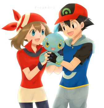 1boy 1girl absurdres ash_ketchum bandana baseball_cap bike_shorts black_eyes black_gloves blue_eyes blue_shirt brown_hair cowboy_shot gen_4_pokemon gloves hat highres holding_hands hooded hooded_shirt legendary_pokemon looking_at_another manaphy may_(pokemon) mythical_pokemon nintendo open_mouth partially_fingerless_gloves pokemon pokemon_(anime) pokemon_(creature) pokemon_rse_(anime) popped_collar red_bandana red_headwear red_shirt shirt white_background white_gloves