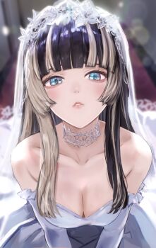 1girl absurdres alternate_costume bare_shoulders black_hair blue_eyes blunt_bangs blurry blurry_background breasts bridal_veil bride choker cleavage commentary_request detached_sleeves dhbwinner dress grey_hair highres hime_cut hololive hololive_dev_is juufuutei_raden large_breasts long_hair long_sidelocks looking_at_viewer multicolored_hair parted_lips sidelocks sleeveless sleeveless_dress solo straight_hair strapless strapless_dress two-tone_hair upper_body veil virtual_youtuber wedding_dress white_choker white_dress