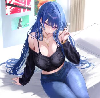 Rule 34 | 1girl, arm support, armpit crease, black bra, black sweater, blue hair, bra, breasts, bromide, cleavage, collarbone, commentary request, cropped sweater, denim, earrings, fingernails, heart, heart earrings, highres, indoors, jeans, jewelry, large breasts, long hair, looking at viewer, midriff, mimikaki, mole, mole under eye, nail polish, navel, necklace, noa (skae3323), off-shoulder sweater, off shoulder, original, pants, purple eyes, sitting, solo, straight hair, sweater, thighs, underwear, very long hair