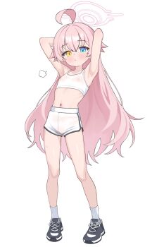 1girl ahoge alternate_costume armpits blue_archive blue_eyes blush closed_mouth covered_erect_nipples crop_top full_body halo heterochromia highres hoshino_(blue_archive) loli long_hair mafunyo navel pink_hair pink_halo see-through_clothes short_shorts shorts simple_background socks solo white_background white_socks yellow_eyes