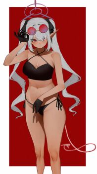 Rule 34 | 1girl, absurdres, anemoneeanemone, bare arms, bare legs, bare shoulders, bikini, black bikini, black bow, black gloves, blue archive, bow, breasts, criss-cross halter, dark-skinned female, dark skin, demon tail, eyewear lift, feet out of frame, gloves, grey hair, hair bow, half gloves, halterneck, hand up, highres, iori (blue archive), long hair, long pointy ears, looking at viewer, medium breasts, navel, parted lips, pointy ears, red-tinted eyewear, red background, red eyes, red lips, round eyewear, side-tie bikini bottom, simple background, solo, stomach, swimsuit, tail, tinted eyewear, twintails, very long hair