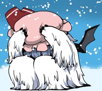 Rule 34 | black wings, blue background, charisma guard, commentary request, cowering, demon wings, full body, hat, mob cap, no humans, onikobe rin, pink hat, remilia scarlet, snow, snowing, solo, touhou, wings, yeti (creature)