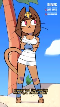 1girl animal_ears animated animated_gif animation_meme ankha_zone_(meme) artist_collaboration breasts brown_hair cat_ears cat_girl cat_tail commentary crossed_arms diives dress english_commentary furry furry_female gameoverse gmoresketch hair_ornament highres kit_bodega looking_at_viewer meme red_eyes sleeveless sleeveless_dress solo swaying_hip tail thick_eyebrows thighs toon_(style) whiskers