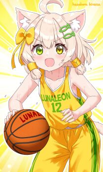 1boy absurdres ahoge animal_ear_fluff animal_ears artist_name ball basketball basketball_(object) basketball_uniform blonde_hair blush bow cat_boy cat_ears cat_tail collarbone commentary_request fang fish_hair_ornament green_eyes hair_bow hair_ornament hairclip happy hazakura_hinata heterochromia highres holding holding_ball kaya_(hazakura_hinata) looking_at_viewer male_focus open_mouth original outline shirt short_hair sidelocks smile solo sportswear sweat tail trap v-shaped_eyebrows yellow_shirt