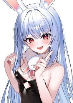 1girl absurdres bare_shoulders black_leotard blue_hair breasts cleavage commentary_request don-chan_(usada_pekora) highres hololive leotard long_hair looking_at_viewer medium_breasts open_mouth red_eyes shuvi_(shuvi1125) simple_background smile solo teeth upper_body upper_teeth_only usada_pekora virtual_youtuber white_background