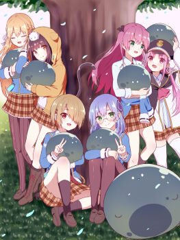 6+girls :d against_tree aikawa_megumi animal_hood aqua_jacket asakura_karen ascot black_hair black_pantyhose black_socks black_thighhighs blonde_hair blue_hair blue_jacket blunt_bangs blunt_ends blush boots braid brown_hair brown_skirt cat_tail closed_eyes closed_mouth clothes_around_waist commentary_request double_v eyelashes falling_petals fang full_body glasses grass green_eyes hair_between_eyes hair_ornament hair_over_one_eye hair_ribbon hairclip half_updo hand_up happy hat heaven_burns_red highres holding hood hood_up hooded_jacket hoodie hug izumi_yuki_(heaven_burns_red) jacket jacket_around_waist kayamori_ruka knee_up kneehighs knees_up kunimi_tama loafers long_hair long_sleeves looking_at_viewer low_twintails medium_hair miniskirt multiple_girls narby_(heaven_burns_red) necktie on_grass on_head one_eye_covered open_mouth orange_eyes orange_jacket orange_skirt outdoors pantyhose petals pink_eyes pink_hair plaid_clothes plaid_skirt pleated_skirt purple_hair red_eyes red_necktie ribbon rimless_eyewear round_eyewear sailor_collar school_uniform shira_461 shirt shoes short_hair sitting skirt smile socks standing straight_hair striped_clothes striped_pantyhose striped_thighhighs tail thighhighs toujou_tsukasa tree twintails two_side_up under_tree v vertical-striped_clothes vertical-striped_pantyhose very_long_hair white_ribbon white_shirt yellow_eyes yellow_jacket zettai_ryouiki