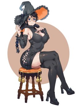 1girl absurdres alternate_costume bare_shoulders black_hair black_hat black_sleeves black_sweater black_thighhighs bow braid breasts brown_background cleavage cleavage_cutout closed_mouth clothing_cutout commentary crossed_legs detached_sleeves firstdayiyui full_body glasses hair_bow halloween hands_up hanekawa_tsubasa hat high_heels highres hip_vent large_breasts large_hat long_hair looking_at_viewer monogatari_(series) on_stool orange-framed_eyewear purple_eyes sleeveless sleeveless_sweater sleeveless_turtleneck smile solo stool sweater thighhighs turtleneck turtleneck_sweater twin_braids two-tone_background white_background witch_hat zettai_ryouiki