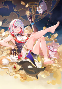 1girl absurdres animal armpits atdan balance_scale bare_legs barefoot blue_eyes blue_sky breasts cat closed_eyes cloud cloudy_sky coin creature detached_sleeves feet gloves gold highres honkai:_star_rail honkai_(series) large_breasts looking_at_viewer parted_lips shiba_inu sky smile sunset thighs toes tongue tongue_out topaz_(honkai:_star_rail) weighing_scale white_hair