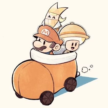 1boy 1girl ^_^ big_nose black_eyes blonde_hair blue_overalls brown_hair brown_hat brown_vest newsboy_cap closed_eyes collared_vest dama8457 facial_hair hat long_sleeves looking_ahead mario mario_(series) medium_hair mustache nintendo olivia_(paper_mario) overalls oversized_object paper paper_mario paper_mario:_the_origami_king professor_toad_(mario) puff_of_air red_hat red_shirt riding roller_skates shadow shirt short_hair simple_background skates solid_oval_eyes v-shaped_eyebrows vest yellow_background yellow_hat yellow_shirt