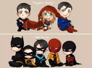 1girl 2boys 5boys batman batman_(series) belt black_cape black_hair blonde_hair blue_eyes bodysuit boots brothers bruce_wayne cape chibi cousins cross-laced_footwear damian_wayne dc_comics dick_grayson domino_mask eye_mask family father_and_son green_footwear helmet indian_style jacket jason_todd kal-el kneeling kon-el kryptonian leather leather_jacket long_sleeves lowres mask midriff multiple_boys nightwing red_cape red_footwear red_hood_(dc) red_robin robin_(dc) s_shield shirt shoes siblings sitting superboy supergirl superman superman_(series) t-shirt tim_drake timothy_jackson_drake-wayne under_another's_clothes