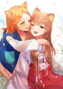 2girls :d ;d animal_ear_fluff animal_ears bare_shoulders blue_vest blunt_bangs braid breasts brown_hair cherry_blossoms commentary commission cowboy_shot dog_ears english_commentary forehead grass hair_tubes hakama hakama_skirt half_up_braid hug hug_from_behind japanese_clothes kneeling kosode long_hair long_sleeves multiple_girls neck_tassel one_eye_closed open_clothes open_mouth open_vest orange_eyes orange_hair outdoors parted_bangs pink_eyes raccoon_ears raccoon_girl raised_eyebrows raphtalia red_hakama red_skirt segawaseki shirt side_slit sitting skeb_commission skirt small_breasts smile tassel tate_no_yuusha_no_nariagari vest white_kosode white_shirt wyndia_(tate_no_yuusha_no_nariagari) yuri