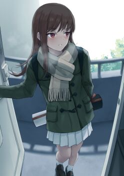 Rule 34 | 1girl, black socks, brown eyes, brown hair, brown scarf, coat, door, from above, green coat, highres, k jie, long hair, looking to the side, multicolored scarf, ooi (kancolle), ooi (valentine) (kancolle), parted lips, railing, scarf, skirt, socks, solo, white skirt