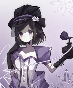 1girl artist_request black_gloves black_hairband bottle brown_hair commission corset flower gloves hairband hat hat_flower highres identity_v looking_at_viewer perfume_bottle puffy_sleeves purple_corset purple_eyes purple_sleeves purple_theme second-party_source see-through_clothes see-through_veil solo upper_body veil vera_nair white_flower
