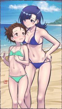 2girls absurdres age_difference beach bikini blue_bikini blue_hair blush breasts brown_eyes brown_hair commission elementary_(lolipope) flat_chest green_bikini highres large_breasts loli looking_at_another medalist_(manga) multiple_girls navel ocean okazaki_iruka onee-loli outdoors short_hair smile swimsuit yuitsuka_inori yuri