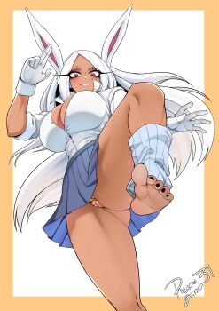 1girl absurdres animal_ears animal_print artist_name barefoot black_nails blue_skirt blush boku_no_hero_academia border breasts button_gap cleavage collared_shirt commentary dark-skinned_female dark_skin english_commentary feet foot_focus foot_out_of_frame from_below gloves gluteal_fold hand_up highres knee_up large_breasts leopard_print leopard_print_panties long_eyelashes long_hair looking_at_viewer loose_socks mirko nail_polish open_hand orange_border panties parted_bangs parted_lips pleated_skirt print_panties rabbit_ears rabbit_girl red_eyes ribbed_socks rumi_(rumigawa31) school_uniform shirt shirt_tucked_in signature skirt smile socks soles solo standing standing_on_one_leg teeth thick_thighs thighs toenail_polish toenails toes toned toned_female underwear very_long_hair white_background white_gloves white_hair white_shirt
