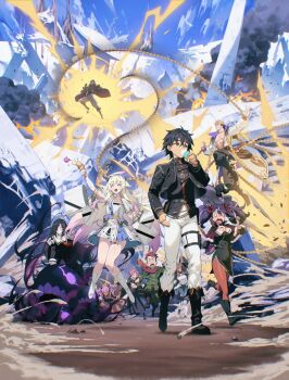 &gt;_&lt; 0_0 4boys 6+girls :o ^_^ arm_support arm_up battle black_dress black_footwear black_gloves black_hair black_jacket black_shirt blank_eyes blonde_hair blue_sky boots breasts brown_hair capelet character_request check_gender chyko cleavage closed_eyes commentary_request day dress eating energy floating food fur-trimmed_capelet fur-trimmed_gloves fur_trim gender_request glasses gloves gradient_hair green_capelet green_eyes green_pants highres holding holding_ice_cream_cone ice_cream ice_cream_cone jacket krai_andrey long_hair long_sleeves looking_at_another looking_to_the_side medium_breasts medium_dress medium_hair mouth_outside_face multicolored_hair multiple_boys multiple_girls nageki_no_bourei_wa_intaishitai official_art open_clothes open_jacket open_mouth outdoors pants pantyhose pink_hair purple_hair red_eyes red_hair red_pantyhose shirt short_dress short_hair short_sleeves sky small_sweatdrop smoke standing thigh_strap very_long_hair very_short_hair walking white_dress white_gloves white_hair white_pants