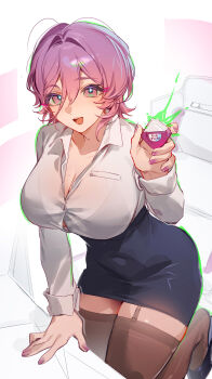 1girl absurdres black_bra black_shoes black_skirt bra breasts brown_thighhighs chinese_commentary cleavage collarbone collared_shirt commentary_request dot_nose fingernails hair_between_eyes hand_up highres holding huge_breasts kneeling long_sleeves looking_at_viewer medium_hair nail_polish open_mouth original purple_eyes purple_hair purple_nails see-through_clothes see-through_shirt shibuya_(kurokamishain) shirt shoes simple_background skirt solo thighhighs underwear white_background white_shirt