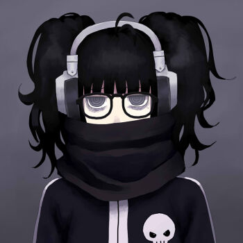 1girl @_@ bags_under_eyes black_eyes black_hair black_scarf commentary_request glasses headphones jimiko koma_neko mole mole_under_eye original portrait scarf scarf_over_mouth solo twintails
