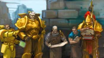 5boys adeptus_astartes adeptus_custodes apron armor bald bird blue_shirt book breastplate brick_wall brown_hair commentary couter crotch_plate cuirass data_slate_(warhammer) eagle english_commentary frown full_armor gauntlets gold_armor greaves grey_shirt guardian_spear hand_on_own_hip hashtag-only_commentary helmet highres holding holding_book holding_scroll imperial_aquila imperial_fists leather_apron leg_armor looking_at_object male_focus mammona mature_male multiple_boys muscular muscular_male outdoors overcast paper pauldrons pelvic_curtain plume pointing polearm poleyn power_armor primarch red_eyes rerebrace rogal_dorn scowl scroll shirt short_hair shoulder_armor single_pauldron size_difference sky spear standing straight-on t-shirt tools warhammer_40k weapon white_hair white_sky