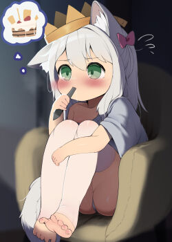 1girl animal_ear_fluff animal_ears ass barefoot blush bow cake chair crown erguotou feet flying_sweatdrops food full_body green_eyes grey_hair hair_bow hugging_own_legs imagining knees_up legs loli long_hair no_shoes off_shoulder on_chair original oversized_clothes panties pink_bow shirt short_sleeves sitting soles solo speech_bubble spoken_food stirrup_legwear tail thighhighs thighs thought_bubble toeless_legwear toes underwear white_hair white_panties white_shirt white_thighhighs wolf_ears wolf_girl wolf_tail