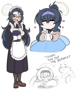 1boy 1girl absurdres alternate_costume apron black_dress black_hair black_pantyhose blanket blue_archive blue_hairband blush book brown_halo brown_shoes chigyudoomer commentary cup dress drinking_glass enmaided eyewear_strap hair_ban hairband halo heart highres holding holding_book holding_cup long_hair long_sleeves looking_at_viewer maid maid_headdress multiple_views open_mouth pantyhose puffy_long_sleeves puffy_sleeves round_eyewear shoes simple_background smile ui_(blue_archive) under_covers very_long_hair white_apron white_background yellow-framed_eyewear