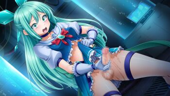 Rule 34 | 1futa, :o, aqua eyes, aqua hair, blue shirt, blue skirt, blush, bow, breasts, calpish, censored, chest jewel, choker, clothes lift, collarbone, dutch angle, erection, futanari, futanari masturbation, game cg, gloves, green eyes, hair ornament, indoors, jewelry, large variant set, lifting own clothes, long hair, magical girl, magisphere lazuris, mahou reiki magisphere, masturbation, midriff, miniskirt, monitor, mosaic censoring, non-web source, official art, open mouth, penis, precum, raised eyebrows, red bow, ruri (magisphere), sailor collar, self-datamine, shirt, skirt, skirt lift, solo, standing, tears, teeth, testicles, thigh strap, thighhighs, variant set, very long hair, white gloves, wide-eyed