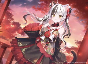 Rule 34 | 1girl, animal ear fluff, animal ears, bare shoulders, between fingers, black hair, black skirt, black sleeves, blush, bow, breasts, card, cat ears, cat girl, cat tail, character request, closed mouth, cloud, commentary request, detached sleeves, double bun, flower, frilled skirt, frilled sleeves, frills, hair bow, hair bun, holding, holding card, long hair, long sleeves, looking at viewer, medium breasts, momoshiki tsubaki, multicolored hair, official art, outdoors, railing, red bow, red flower, skirt, sky, smile, solo, sunset, tail, two-tone hair, very long hair, weiss schwarz, white hair, wide sleeves, yellow eyes