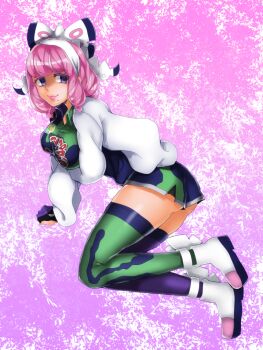 1girl arm_under_breasts ass block_heels bow breasts collared_shirt drill_hair drill_sidelocks eyeshadow flipped_hair fur_jacket hair_bow hairband jacket klara_(pokemon) large_breasts makeup mole mole_under_mouth muu_taso nintendo pink_background pink_eyeshadow pink_hair pink_lips pokemon pokemon_swsh print_shirt print_shorts purple_eyes shaded_face shirt short_hair shorts side_slit side_slit_shorts sidelocks smile solo two-tone_shirt two-tone_shorts two-tone_thighhighs white_bow white_hairband