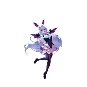 1girl alternate_costume animal_ears bat_wings black_gloves black_shoes brown_thighhighs claw_pose frilled_skirt frills full_body game_cg gloves halloween_costume highres long_hair looking_at_viewer necktie non-web_source official_art open_mouth pink_skirt purple_hair rabbit_ears rabbit_girl rabbit_tail red_eyes red_necktie reisen_udongein_inaba second-party_source shirt shoes skirt smile solo tail thighhighs touhou touhou_gensou_eclipse transparent_background u_u_zan vampire_costume very_long_hair white_shirt wings