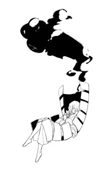 1girl 1other clock coat commentary crossed_legs dante_(limbus_company) dated_commentary e.g.o_(project_moon) faust_(project_moon) greyscale ivy_(675671) kishimen_hair limbus_company mask monochrome object_head project_moon respirator short_hair simple_background sitting smoke symbol-only_commentary thoracalgia_(e.g.o)