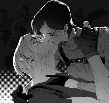 1boy 1girl ada_wong arm_around_neck black_background black_gloves breasts chest_harness closed_eyes commentary couple english_text fingerless_gloves gloves greyscale hair_between_eyes hand_on_another&#039;s_chest harness hetero highres infection kiss leon_s._kennedy long_sleeves medium_breasts monochrome outstretched_hand parted_bangs peanut9021 resident_evil resident_evil_4 short_hair sweater symbol-only_commentary turtleneck turtleneck_sweater upper_body veiny_face zombie