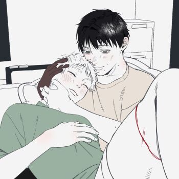 Rule 34 | 2boys, blush, brown shirt, closed eyes, closed mouth, commentary request, couple, green shirt, grey eyes, highres, hikaru ga shinda natsu, indou hikaru, k1tr jun, light smile, male focus, mole, mole on arm, mole on cheek, mole on neck, mole under eye, mole under mouth, multiple boys, multiple moles, partially colored, shirt, short hair, shorts, sleeping, sleeping on person, slit pupils, tsujinaka yoshiki, yaoi