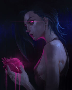1girl absurdres arcane:_league_of_legends arcane_jinx black_eyeshadow black_tank_top blood blood_on_hands blue_background blue_hair breasts caio_santos closed_mouth eyeshadow from_side glowing glowing_eyes heart_(organ) highres holding_heart_(organ) jinx_(league_of_legends) league_of_legends looking_to_the_side makeup medium_hair pink_eyes purple_lips runny_makeup sideboob sideways_glance simple_background small_breasts solo tank_top upper_body