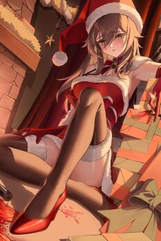 1girl absurdres alcohol alternate_costume arm_rest bell black_thighhighs blush bottle bow bowlp bowtie box box_stack breasts christmas commentary cup detached_collar dress drinking_glass elbow_gloves english_commentary full_body fur-trimmed_dress fur-trimmed_thighhighs fur_trim gift gift_box gloves grey_hair hand_on_own_thigh hat high_heels highres holding holding_cup honkai:_star_rail honkai_(series) indoors jingle_bell knee_up large_breasts long_hair looking_at_viewer neck_bell parted_lips pumps red_bow red_bowtie red_dress red_gloves red_hat red_shoes santa_costume santa_dress santa_hat shoes solo spilling stelle_(honkai:_star_rail) thighhighs trailblazer_(honkai:_star_rail) wine wine_bottle wine_glass yellow_eyes