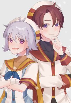 2boys black_shirt blue_neckerchief brown_hair brown_shirt commentary_request crossed_arms gloves grey_background hat highres long_sleeves male_focus multiple_boys neckerchief open_mouth precure purple_eyes sailor_collar shirt short_hair smile toyama_daifuku toyama_satoru upper_body violet_(mesy4285) white_gloves white_hat white_shirt wonderful_precure!