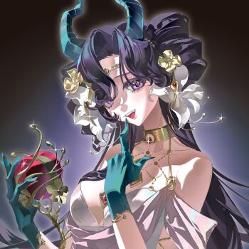 Rule 34 | 1girl, :d, absurdres, anjo nala, anjo nala (forbidden fruit), apple, bare shoulders, black hair, breasts, commission, dark background, demon girl, demon horns, dress, finger to mouth, flower, food, fruit, gloves, gold choker, gradient background, green gloves, green horns, hair flower, hair ornament, hands up, highres, holding, holding food, holding fruit, horns, long hair, looking at viewer, medium breasts, official alternate costume, open mouth, parted bangs, purple eyes, reverse:1999, second-party source, sleeveless, sleeveless dress, smile, solo, tao wei fenda, teeth, upper body, upper teeth only, white dress, white flower