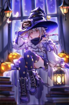 1girl alternate_costume belt black_belt black_boots blurry blurry_foreground blush book book_stack boots bow braid chinese_commentary closed_mouth commentary_request crescent crescent_earrings earrings fate/grand_order fate_(series) floating_hair frills full_body gold_earrings grey_hair hair_between_eyes hair_ornament halloween halloween_costume hand_up hat hat_belt hat_ornament highres hoshidou-sama illyasviel_von_einzbern indoors jewelry lantern long_hair long_sleeves looking_at_viewer magical_girl night night_sky pleated_skirt puffy_long_sleeves puffy_sleeves pumpkin purple_bow purple_hat purple_skirt purple_sky purple_thighhighs red_eyes shadow shirt shoes single_braid sitting skirt sky smile solo star_(symbol) star_hat_ornament star_print thighhighs white_shirt window witch_hat