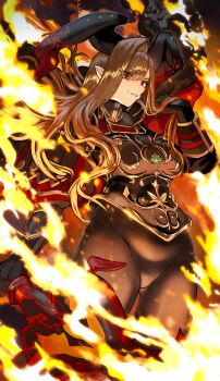 1girl absurdres aestus_estus_(queen_draco) arm_guards armor asymmetrical_bangs black_armor black_bodysuit black_gloves blonde_hair bodysuit breastplate breasts cape facial_mark fate/grand_order fate_(series) fire fur-trimmed_cape fur_trim gloves grin hair_over_one_eye highres horns large_breasts long_hair looking_at_viewer nero_claudius_(fate) pauldrons pointy_ears queen_draco_(fate) queen_draco_(third_ascension)_(fate) red_eyes shibao_aoyama shoulder_armor smile solo sword thighs weapon