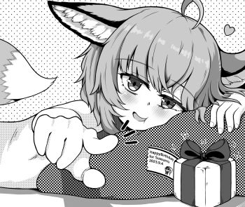 1girl ahoge animal_ear_fluff animal_ears arknights blush box english_text fox_ears fox_girl fox_tail gift gift_box greyscale highres looking_at_viewer lying monochrome nude on_stomach open_mouth pillow short_hair smile solo ssssold sussurro_(arknights) tail