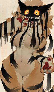 1girl absurdres artist_name blood blood_from_mouth body_fur breasts claws constricted_pupils cowboy_shot dream_tiger_(govy9807) fewer_digits furry furry_female hair_censor hand_on_own_face highres looking_at_viewer navel open_mouth orange_fur original pawpads personification sharp_teeth simple_background solo standing teeth thigh_gap tiger_girl wide_hips yellow_background yellow_eyes yuio58ok